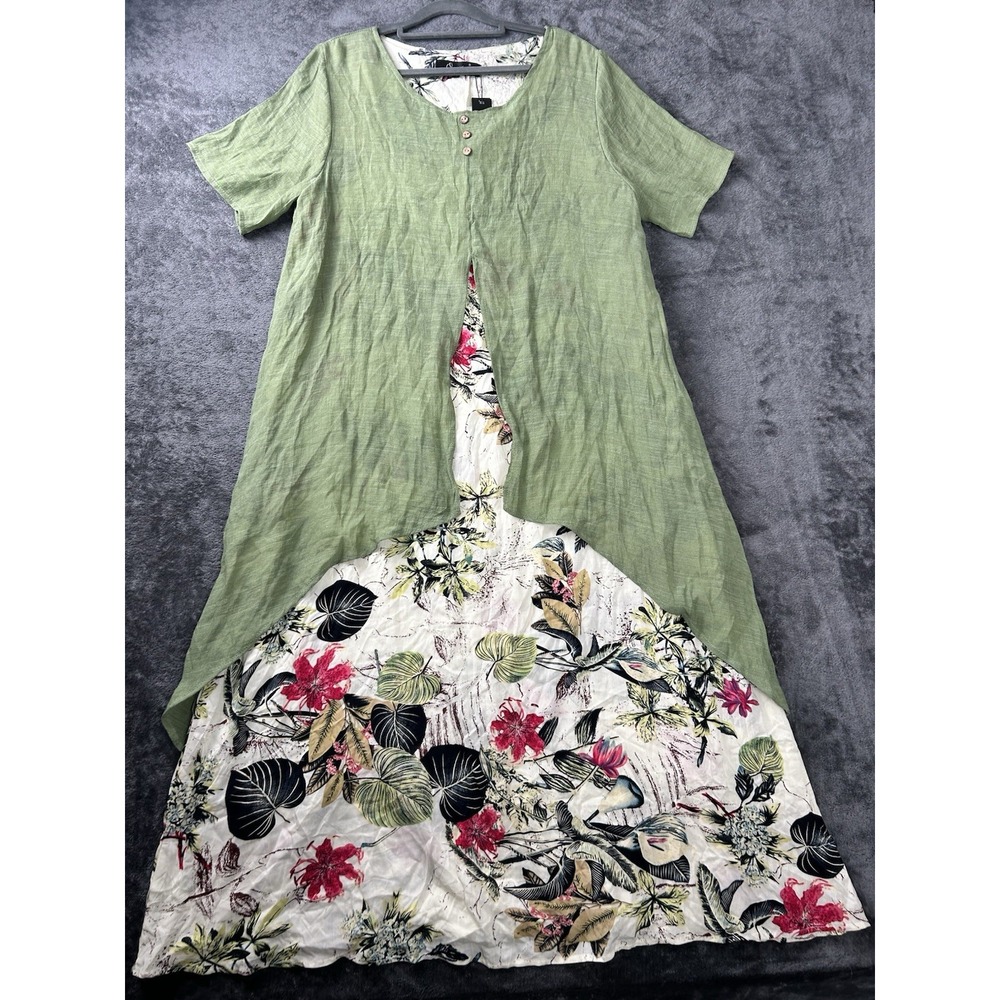 Green Floral Print Bohemian Spring Party Short Sleeve Layered Flowy Maxi Dress